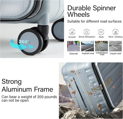 Hanke 20 Inch Carry On Suitcase PC Hardshell Luggage Top Open Aluminum Frame Rolling Suitcases with Wheels Travel Luggage for Woman Men Gifts.(Grey)