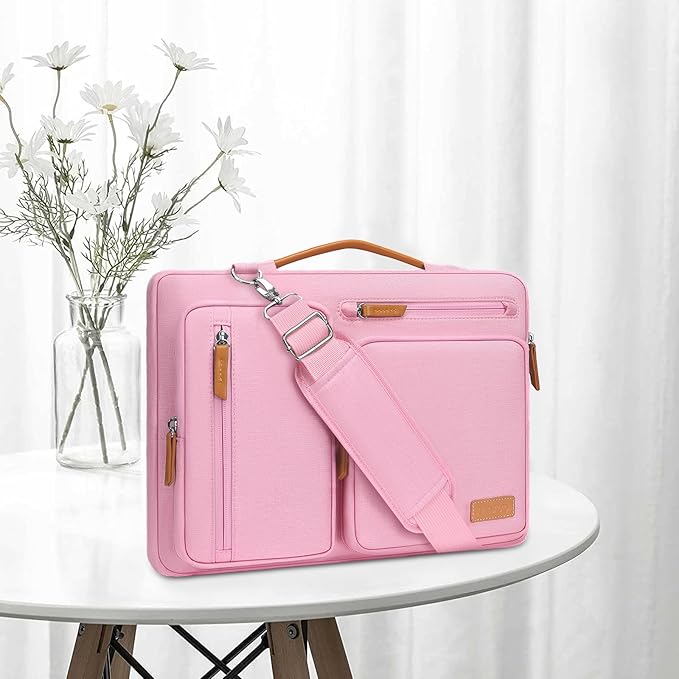 MOSISO 360 Protective Laptop Shoulder Bag,15-15.6 inch Computer Bags Compatible with MacBook Pro 16 inch, HP, Dell, Lenovo, Asus Notebook,Side Open Messenger Bag with 4 Zipper Pockets, Pink