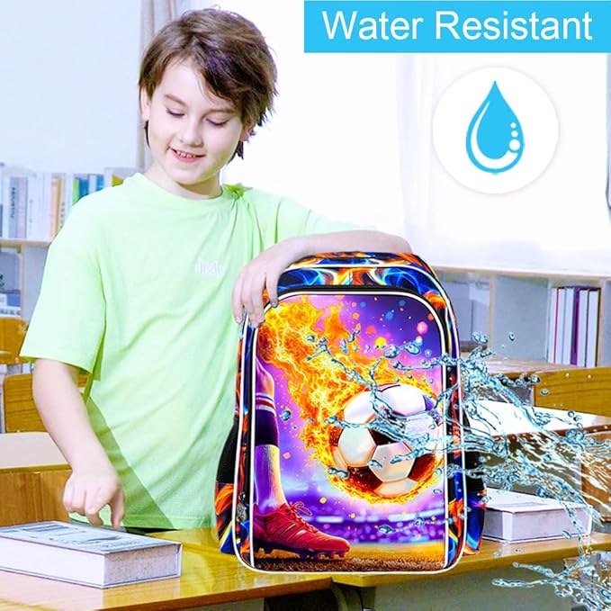 WZLVO 3PCS Soccer Bookbag for Boys, 17" Cool UV Printing Kids Backpack/School Bag with Lunch Box & Pencil Bag for Elementary to Middle - Flaming Soccer Kick