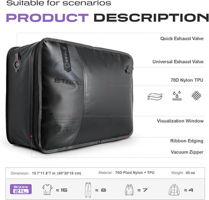 ETROL TPU Vacuum Bag for Travel, 70D Nylon Reusable Compression Bag with IP67 Waterproof Zipper, Compression Packing Cubes for Clothing, Space Saver Bags for Luggage (Full Open, Grey,1Pcs+Pump)