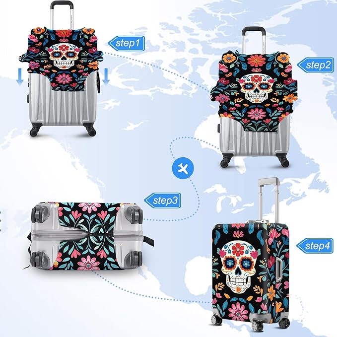 ANNA QUEEN Halloween Skulls Travel Luggage Cover Suitcase Protector Suitcase Cover Halloween Decorations Anti-Scratch,Stretchable Bag Cover Washable Durable Polyester