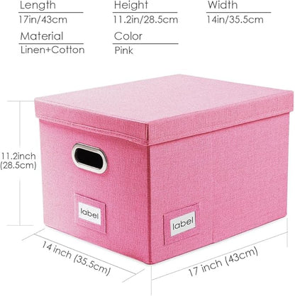 PRANDOM File Organizer Box - Set of 4 Collapsible Decorative Linen Filing Storage Hanging File Folders with Lids Office Cabinet Letter/Legal Size Pink 17.1x14x11.1 inch
