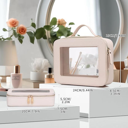 Pinkmik Clear Makeup Bag with Brush Bag 2pcs Waterproof Travel Case for Cosmetics and Toiletries Women's Cosmetic Organizer with Zipper (Beige, L+SLIM)