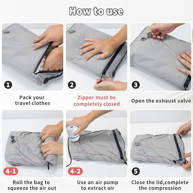 5 Set Vacuum Bags for Travel, Professional IPX8 Reusable Organizer, Compression Packing cube for Suitcases, Durable Seal Space Saver Bags -Traveling Essentials (Grey with Pump)