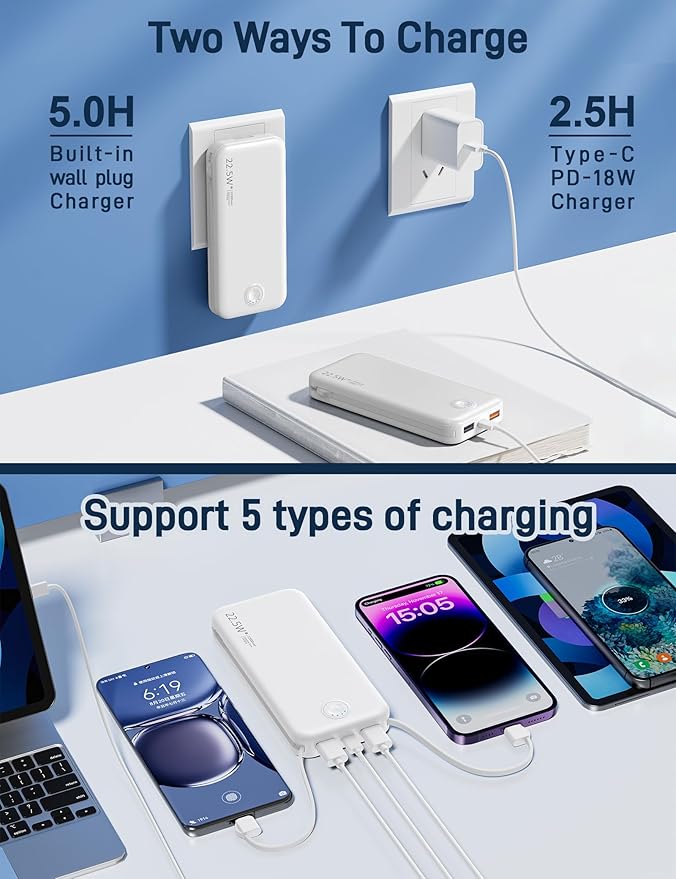 22.5W Super Fast Charging Portable Charger with Wall Plug,12000mAh USB-C Power Bank Built-in 2 Cable, Lightweight Phone Charger Travel Battery Pack for All iPhone, Samsung, Tablets