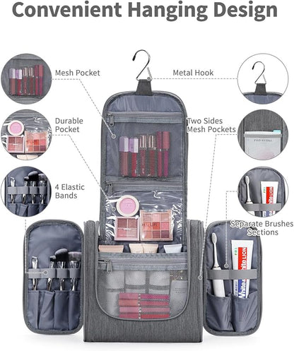 Narwey Hanging Toiletry Bag for Women Travel Makeup Bag Organizer Toiletries Bag Men for Cosmetics Essentials Accessories (Large, Grey)
