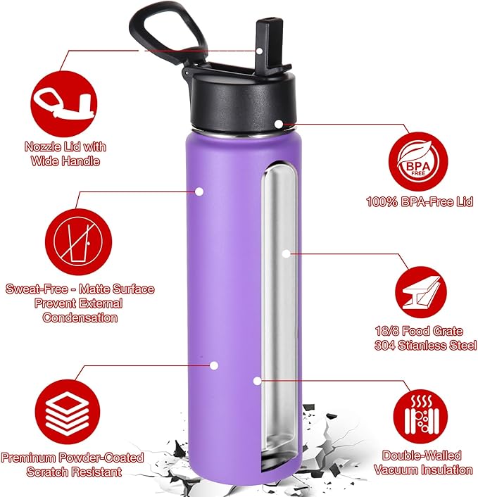 Volhoply 24oz Insulated Water Bottle With Straw Bulk 6 Pack,Metal Wide Mouth Water Bottles With Handle Lid Keep Cold,Reusable Double Wall Cups,Powder Coated Sport Bottle For Holder(Purple,6 Count)