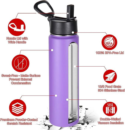 Volhoply 24oz Insulated Water Bottle With Straw Bulk 6 Pack,Metal Wide Mouth Water Bottles With Handle Lid Keep Cold,Reusable Double Wall Cups,Powder Coated Sport Bottle For Holder(Purple,6 Count)