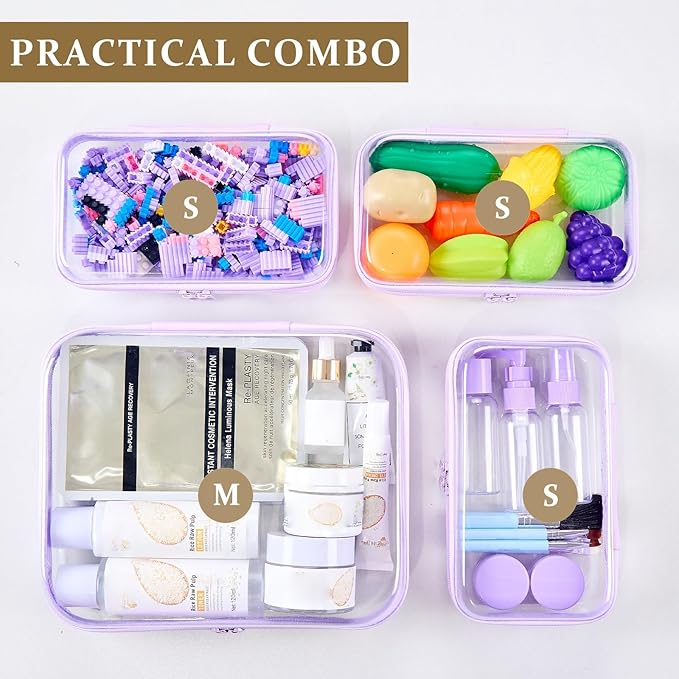 4 pcs Clear Zipper Pouches,Hard Shell Zipper Case, Toiletry Bag for Travel, CLear Diaper Bag, Toiletry Pouch, Travel Organizer, Clear Cosmetic Bag,Toy Storage Bins (M+3S) (Lavender)