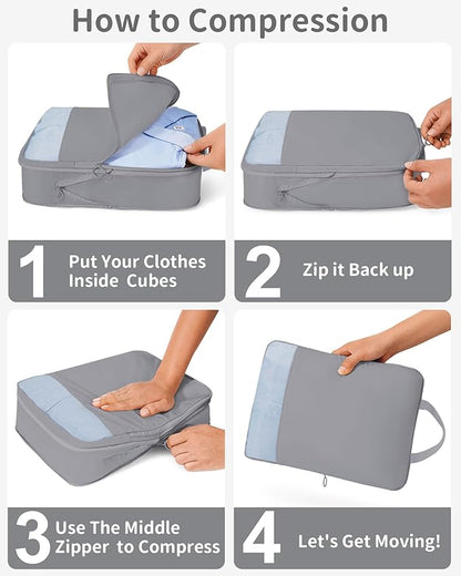 Compression Packing Cubes 11 Set, Expandable Suitcase Organizers, Gray Luggage Bags