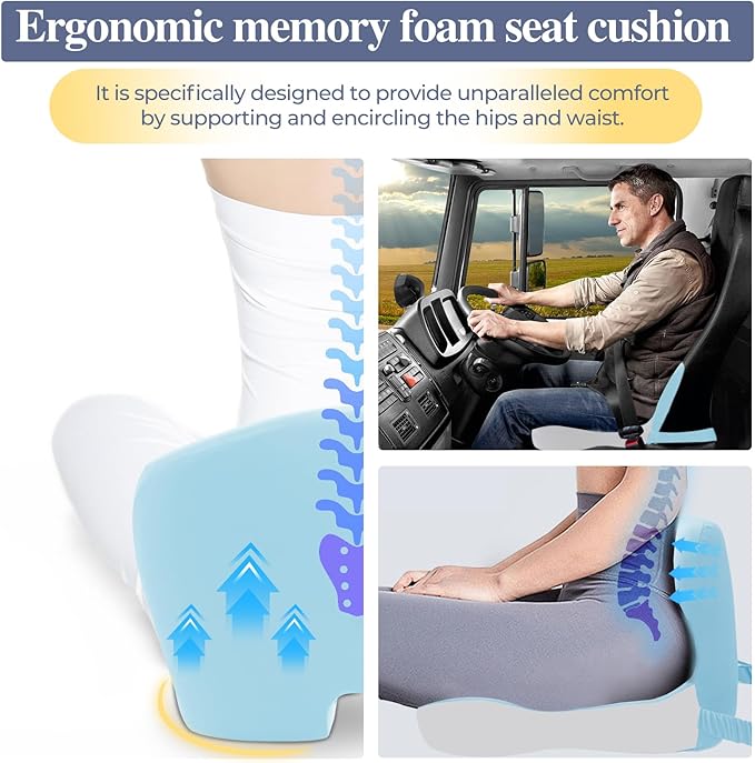 Memory Foam Seat Cushion for Sciatica & Back Pain Relief - Ergonomic Chair Pad with Adjustable Strap & Supportive Comfort Cover, Non-Slip for Car, Truck, Office Chair - Blue