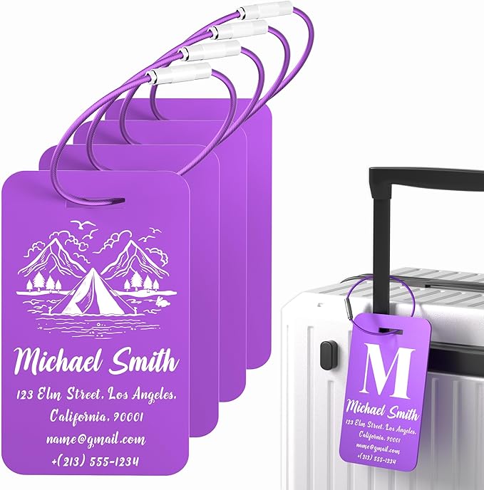 4 PCS Personalized Luggage Tags for Suitcase, Custom Engraved Aluminum Luggage Tags with Your Personalized Text Logo, Metal Name Tags with Steel Loop for Bag, Suitcase, Backpack (Purple, Large)
