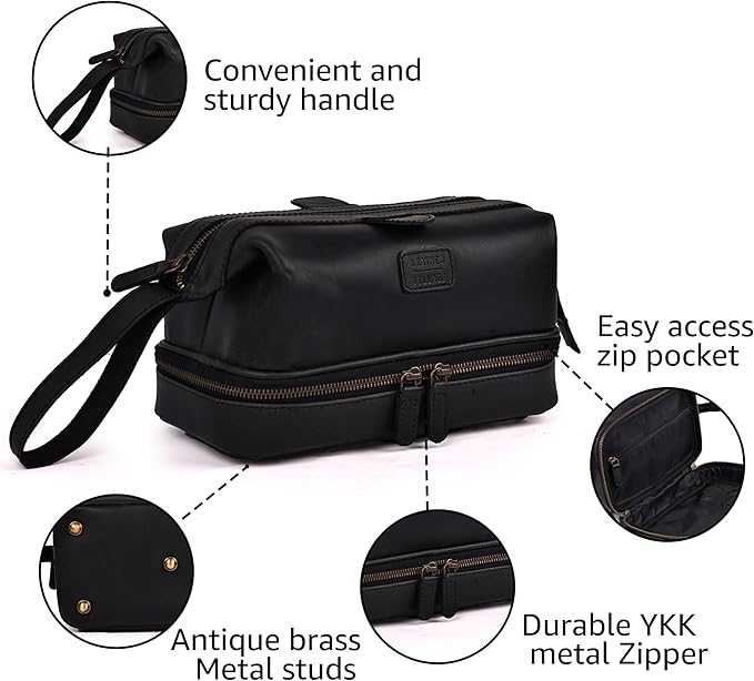 LEATHER VILLAGE Genuine Leather Dopp Kit – Large Travel Toiletry Bag with Waterproof Lining, Dual-Zip Design for Men & Women, Organizer for Shaving, Makeup & Essentials - Black