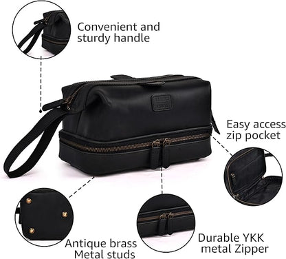 LEATHER VILLAGE Genuine Leather Dopp Kit – Large Travel Toiletry Bag with Waterproof Lining, Dual-Zip Design for Men & Women, Organizer for Shaving, Makeup & Essentials - Black
