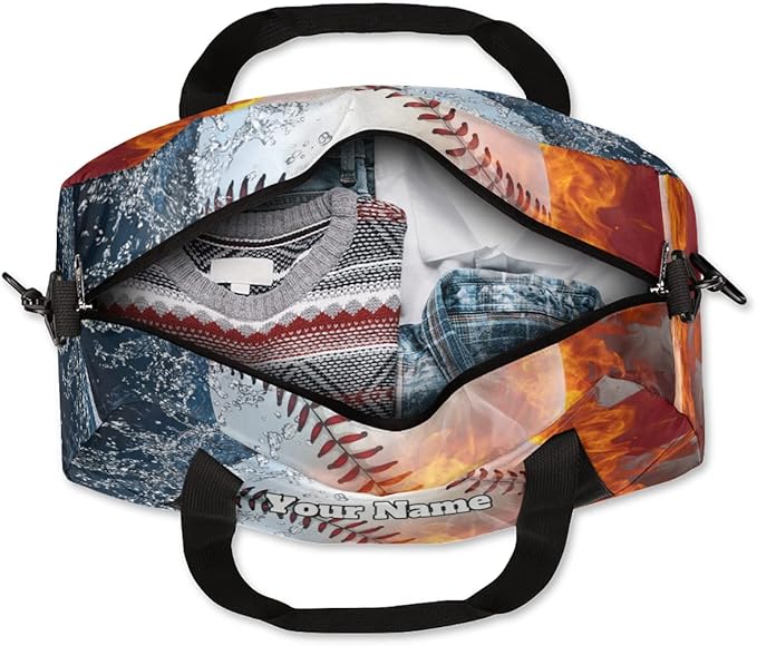 Custom Your Name American Flag Fire Baseball Personalized Text Gym Duffle Bag for Kids,Sports Bag for Teens Boys & Girls Small Waterproof Overnight Weekender Carry School Practice Travel Bag