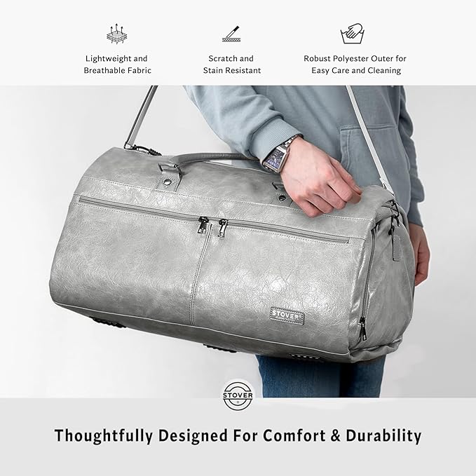 STOVER Garment Travel Duffle Bag, Large 2-in-1 Convertible Carry-on Luggage for Men & Women- Hanging Suits, Dresses & Clothes + Shoe Compartment- Weekender Tote Combo Duffel (Grey Leatherette)
