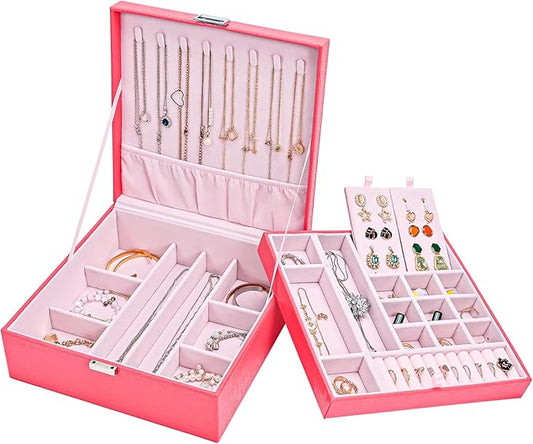 ProCase Jewelry Box for Women, 2 Layers Large Leather Jewelry Organizer Storage Case with Removable Pad for Earrings -Watermelonred