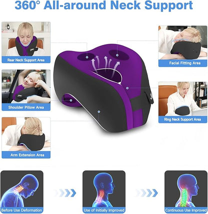 Upgraded Neck Pillow Airplane, Memory Foam Travel Neck Pillows for Long Flight, 3D Eye Masks, Ear Plugs and Portable Drawstring Bag, Napping Pillow for Home, Road Trips, Sleep Rest and Travel Use
