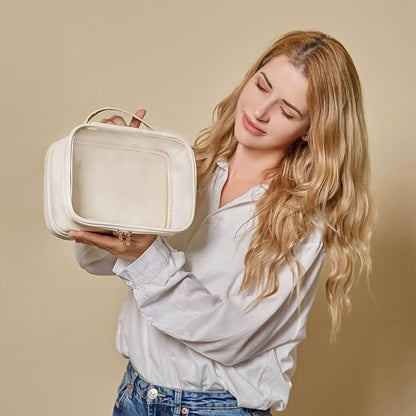 Pocmimut Clear Makeup Bag,Double Layer Large Cosmetic Bag with Makeup Brush Bag,TSA Approved Toiletry Bag Makeup Case Car Accessories Travel Essentials Organizers for Women,Begie