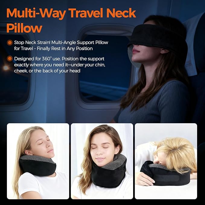 Memory Foam Neck Pillow for Airplane Travel - Ergonomic Support for Long Flights, Car Rides, Office & Home Use - Includes Contoured Eye Mask & Head Support - Adjustable Sizes M-L (Black)