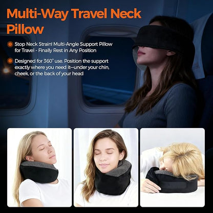 Memory Foam Neck Pillow for Airplane Travel - Ergonomic Support for Long Flights, Car Rides, Office & Home Use - Includes Contoured Eye Mask & Head Support - Adjustable Sizes M-L (Black)