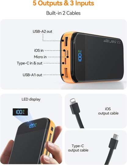 Portable Charger Power Bank Built-in Cables, 32000mAh 22.5W USB C Fast Charging, 5 Outputs 3 Inputs Travel Essentials Battery Pack Compatible with iPhone, iPad, Samsung, Google Pixel, Orange