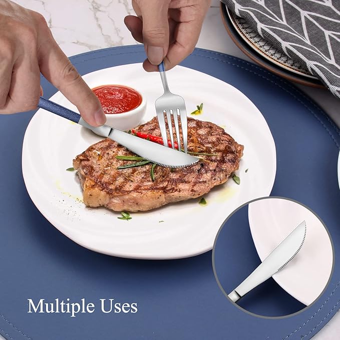 Mirror Silver Blue Silverware Set, 20-Piece Stainless Steel Flatware Set, Satin Finish tableware Cutlery Set, Service for 4, Home and Restaurant, Dishwasher Safe