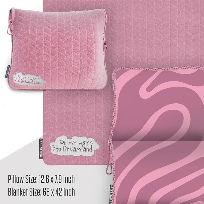 VENTURE 4TH Travel Blanket Pillow – Premium Ultra-Soft & Warm 2-in-1 Blanket or Pillow for Airplane, Car & Bus – Compact, Lightweight & Portable – Lint-Free, No Shedding, No Pilling - Pink