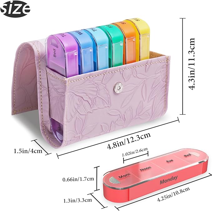 Pill Organizer,LIZIMANDU Weekly Travel Pill Case Box Medication Reminder Daily AM PM, Day Night 7 Compartments,for 4 Times A Day, 7 Days a Week-Includes Leather PU Carrying Case(1-Carved Purple)