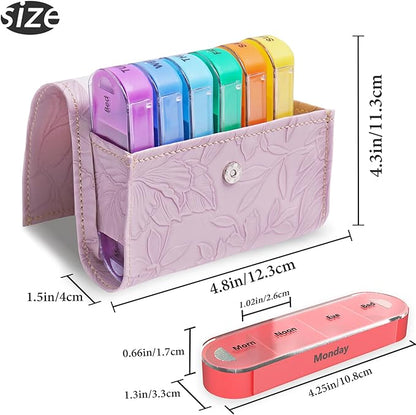 Pill Organizer,LIZIMANDU Weekly Travel Pill Case Box Medication Reminder Daily AM PM, Day Night 7 Compartments,for 4 Times A Day, 7 Days a Week-Includes Leather PU Carrying Case(1-Carved Purple)