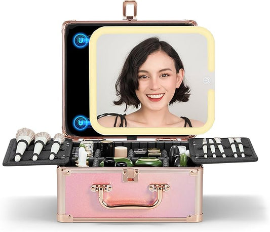 OMIRO Makeup Case, Makeup Bag with Light Up Mirror Set, Makeup Organizer Bag with Magnet Makeup Mirror for Women and Girls
