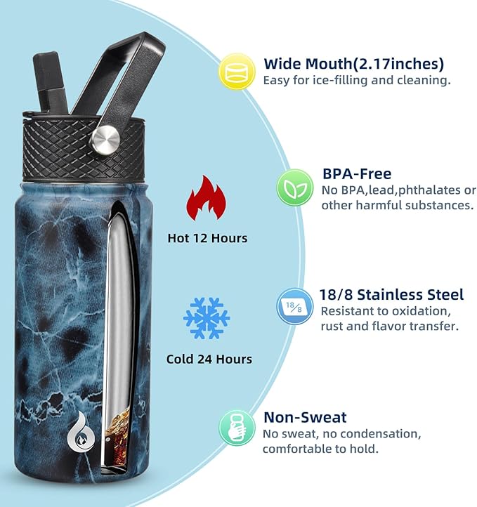 BJPKPK Insulated Water Bottles with Straw Lid, 18oz Stainless Steel Metal Water Bottle, Cold Hot Thermo with 3 Lids, Leak Proof BPA Free Travel Cup, Wide Mouth Flasks, Thermo-Ocean
