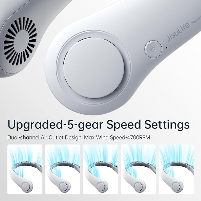 JISULIFE Portable Neck Fan, Hands-Free Bladeless, 5 Speeds, 4000 mAh Battery Operated Wearable Personal Fan, Twistable, Rechargeable, Gift for Women Men-Grey