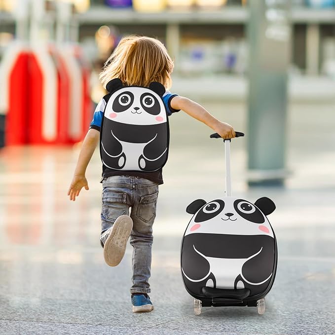 Goplus 2PC Kids Carry On Luggage Set, 16" Rolling Suitcase & 12" Backpack, Airline Approved Travel Trolley Luggage with Wheels for Toddlers Children Girls Boys (Panda)