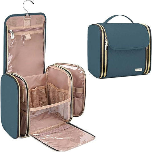 Hanging Toiletry Bag & Makeup Bag for Women with Jewelry Organizer - TSA Approved Large Capacity Travel Cosmetic Organizer, Waterproof Shower Essentials Case with Transparent Pockets