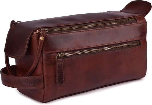 LEATHER VILLAGE Premium Leather Travel Toiletry Bag - Water-Resistant Dopp Kit for Toiletries, Large Shaving Bag & Bathroom Organizer - Gift for Men & Women - Cherry Brown