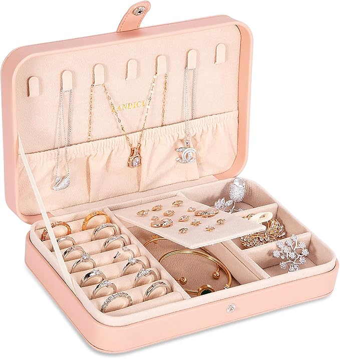 LANDICI Small Jewelry Box for Women Girls, PU Leather Travel Jewelry Case, Portable Jewelry Organizer Storage Holder Display for Ring Earrings Necklace Bracelet Bangle Men Kids Gift, Pink