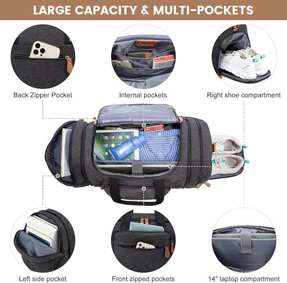 Sucipi Canvas Travel Duffel Bag for Men, Weekend Overnight Bag with Shoe Compartment and Toiletry Bag, Carry-On for Airplanes, Dark Grey