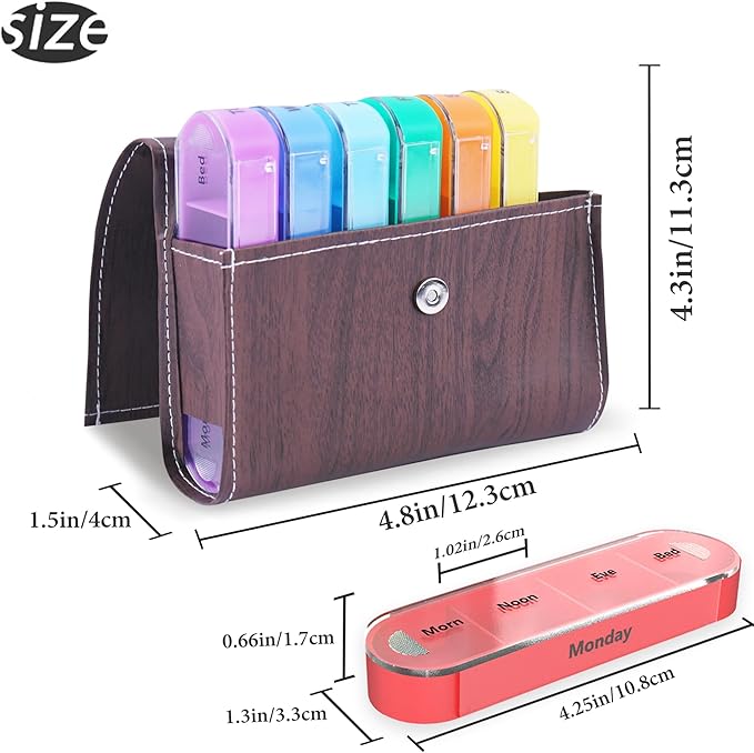 Pill Organizer,LIZIMANDU Weekly Travel Pill Case Box Medication Reminder Daily AM PM, Day Night 7 Compartments,for 4 Times A Day, 7 Days a Week-Includes Leather PU Carrying Case(1-Wood-Dark Brown)