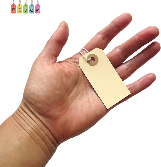 Paper Tags with Strings Attached Elastic- #1, 2 3/4” x 1 3/8”, Box of 500 Manila Shipping Label Tags with Elastic String and Reinforced Hole