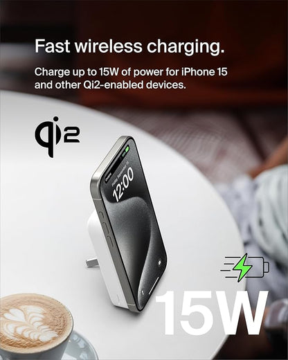 Belkin Portable Charger, Power Bank 10000 mAh w/ Qi2, iPhone Charger - MagSafe Charger w/Built-in Pop-up Kickstand for iPhone 17, Air, Pro, Pro Max, AirPods, Apple Watch, Google Pixel 10, etc - White