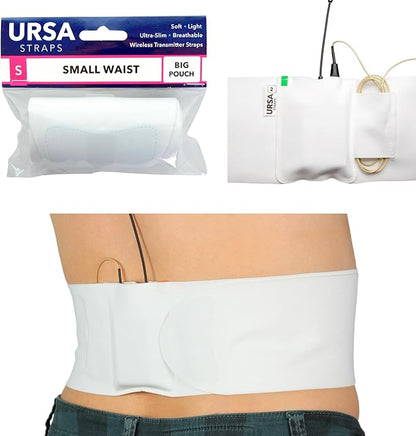 URSA Waist Strap - Ultra Slim, Breathable & Stretchy Microphone Transmitter Straps. Compatible with Most Transmitter/Receivers (White, Large Waist - Small Pouch)