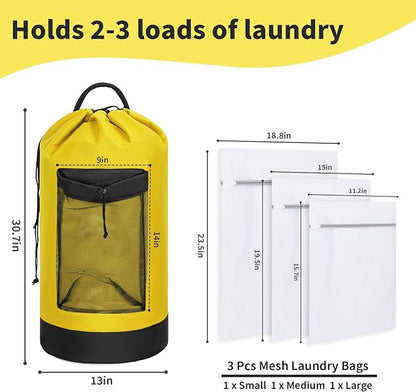 Laundry Bag Backpack with 3 Sizes Mesh Wash Bags and Shoulder Straps Foldable Clothes Hamper Bag with Drawstring Closure for College, Apartment, Laundromat (Yellow)