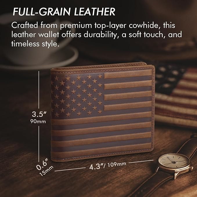 Full Grain Leather Wallet for Men, RFID Blocking, Mens Wallet Bifold with 2 ID Windows, Billfold with 13 Card Slots, Leather Gift for Men, American Flag Wallet Dark Brown