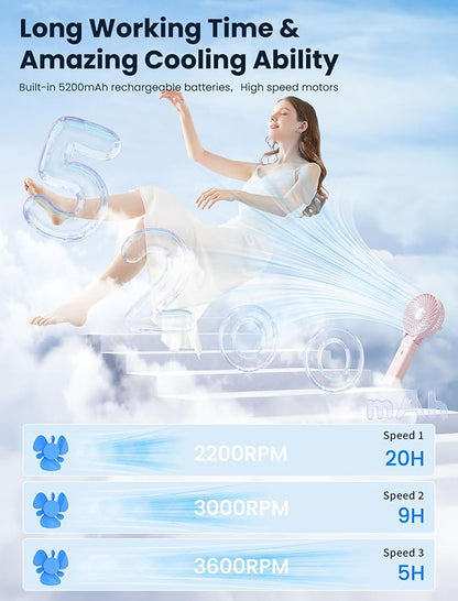 HandFan 5200mAh Handheld Fan Rechargeable, 20H Runtime Hand Fan, 3 Speeds Strong Airflow, Personal 180° Foldable Portable Fans for Travel/Summer/Concerts/Lash/Commute, Gifts for Women (Cherry Pink)