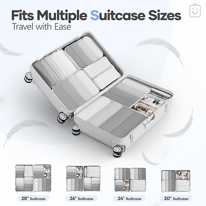 Veken 9/11 Set Compression Packing Cubes for Travel Essentials,Compressible Expandable Large Luggage Suitcase Organizer Bags for Clothing,Durable Space Saver Storage Bags with Toiletry Bags(White)