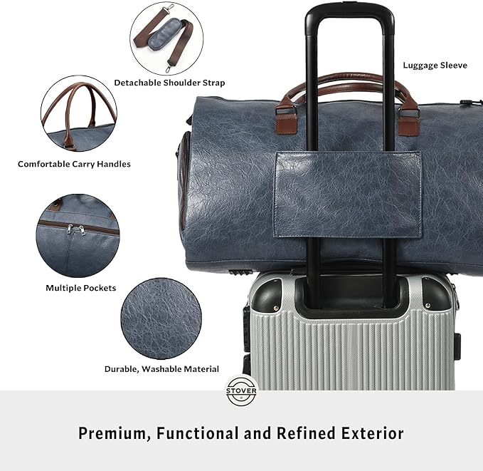 STOVER Garment Travel Duffle Bag, Large 2-in-1 Convertible Carry-on Luggage for Men & Women- Hanging Suits, Dresses & Clothes + Shoe Compartment- Weekender Tote Combo Duffel (Blue Leatherette)