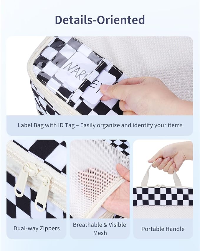 Narwey 5 Set Compression Packing Cubes for Travel, Luggage Packing Organizer Bags for Carry on Suitcase, Expandable Checkered Storage Bags with Laundry & Handle (Black Checkerboard)