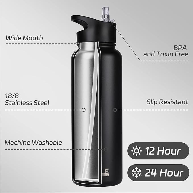 HASLE OUTFITTERS 40oz Stainless Steel Water Bottle, Vacuum Insulated Double Walled Leak Proof Sports Water Bottle with 2 Lids (Straw and Spout Lid) Thermo Mug Keep Cold and Hot(Black,4)