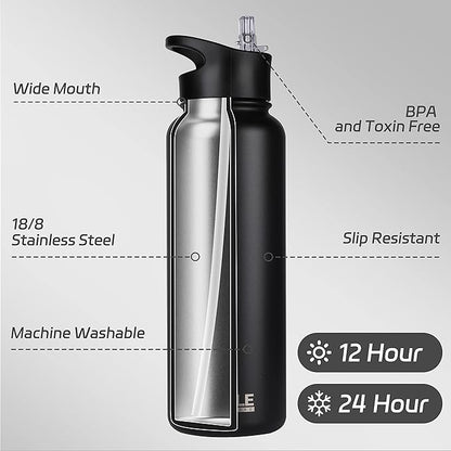 HASLE OUTFITTERS 40oz Stainless Steel Water Bottle, Vacuum Insulated Double Walled Leak Proof Sports Water Bottle with 2 Lids (Straw and Spout Lid) Thermo Mug Keep Cold and Hot(Black,4)